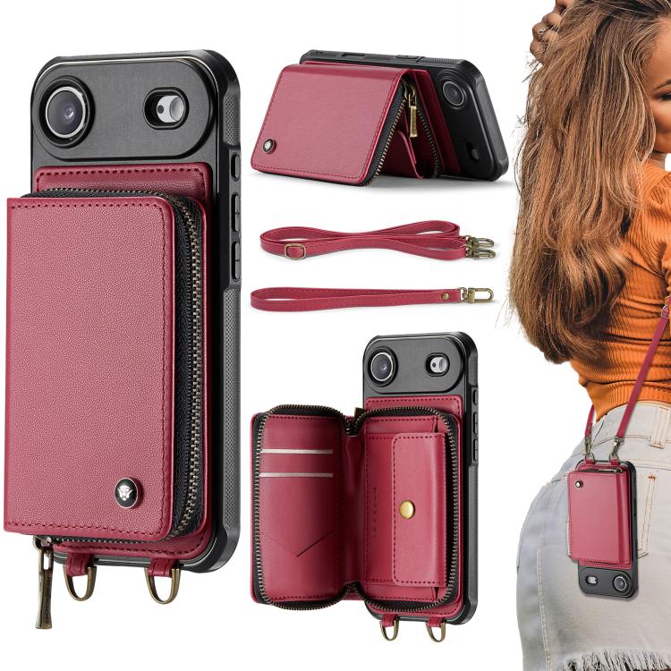 Capa carteira em couro JEEHOOD série C22 com fecho éclair e cordão duplo, para iPhone 17 Pro Max, para iPhone 17 Pro, para iPhone Air, para iPhone 16 Pro Max, para iPhone 16 Pro, para iPhone 16 Plus, para iPhone 16, para iPhone 15 Pro Max