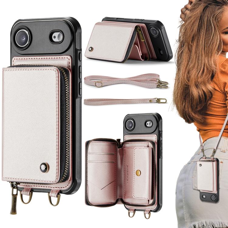 Capa carteira em couro JEEHOOD série C22 com fecho éclair e cordão duplo, para iPhone 17 Pro Max, para iPhone 17 Pro, para iPhone Air, para iPhone 16 Pro Max, para iPhone 16 Pro, para iPhone 16 Plus, para iPhone 16, para iPhone 15 Pro Max