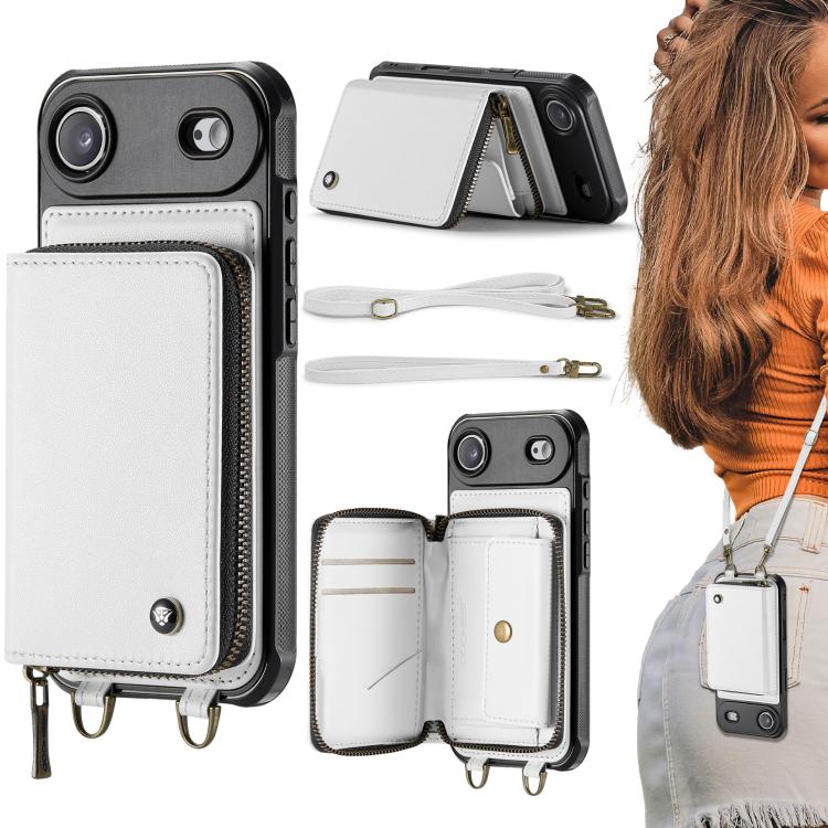 Capa carteira em couro JEEHOOD série C22 com fecho éclair e cordão duplo, para iPhone 17 Pro Max, para iPhone 17 Pro, para iPhone Air, para iPhone 16 Pro Max, para iPhone 16 Pro, para iPhone 16 Plus, para iPhone 16, para iPhone 15 Pro Max