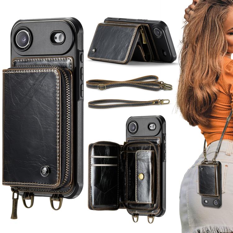 Capa carteira em couro JEEHOOD série C22 com fecho éclair e cordão duplo, para iPhone 17 Pro Max, para iPhone 17 Pro, para iPhone Air, para iPhone 16 Pro Max, para iPhone 16 Pro, para iPhone 16 Plus, para iPhone 16, para iPhone 15 Pro Max