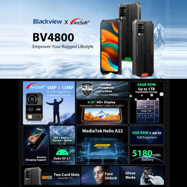 Blackview BV4800, IP68/IP69K/MIL-STD-810H, 6,56 polegadas Android 13 MediaTek MT6761V/WB Helio A22 Quad Core, Rede: 4G, OTG, BV4800 3GB+64GB