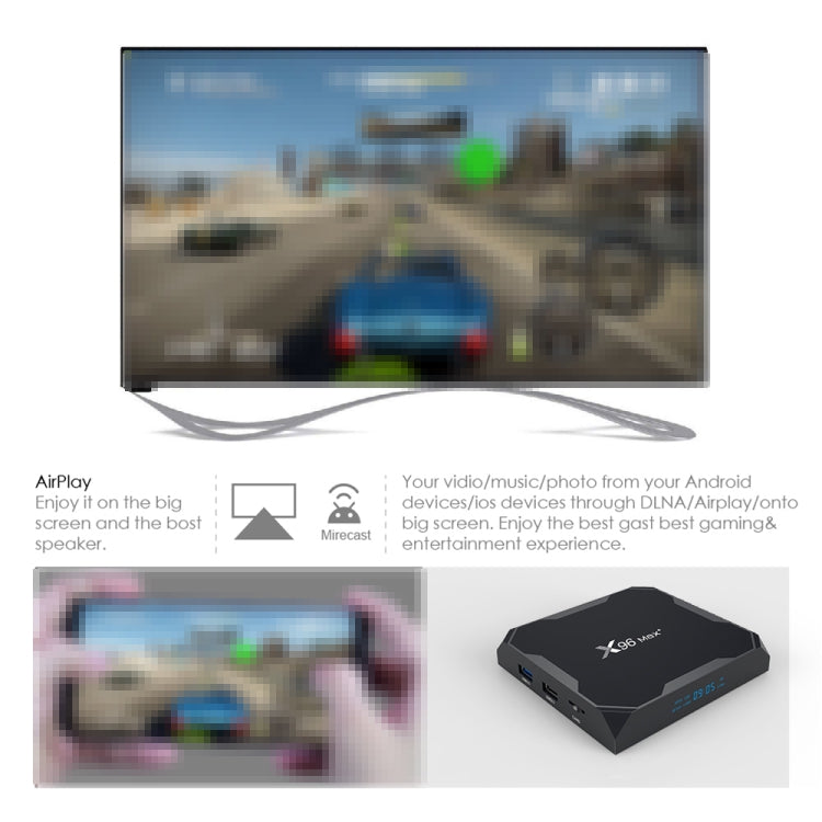 X96 max+ Caixa Smart TV 4K com Comando à Distância, Android 9.0, Amlogic S905X3 Quad-Core Cortex-A55, 2GB+16GB, Suporta LAN, AV, WiFi 2.4G/5G, 2x USB, Cartão TF, Plugue UE, Plugue UK, Plugue AU
