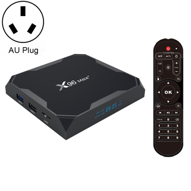 X96 max+ Caixa Smart TV 4K com Comando à Distância, Android 9.0, Amlogic S905X3 Quad-Core Cortex-A55, 2GB+16GB, Suporta LAN, AV, WiFi 2.4G/5G, 2x USB, Cartão TF, Plugue UE, Plugue UK, Plugue AU