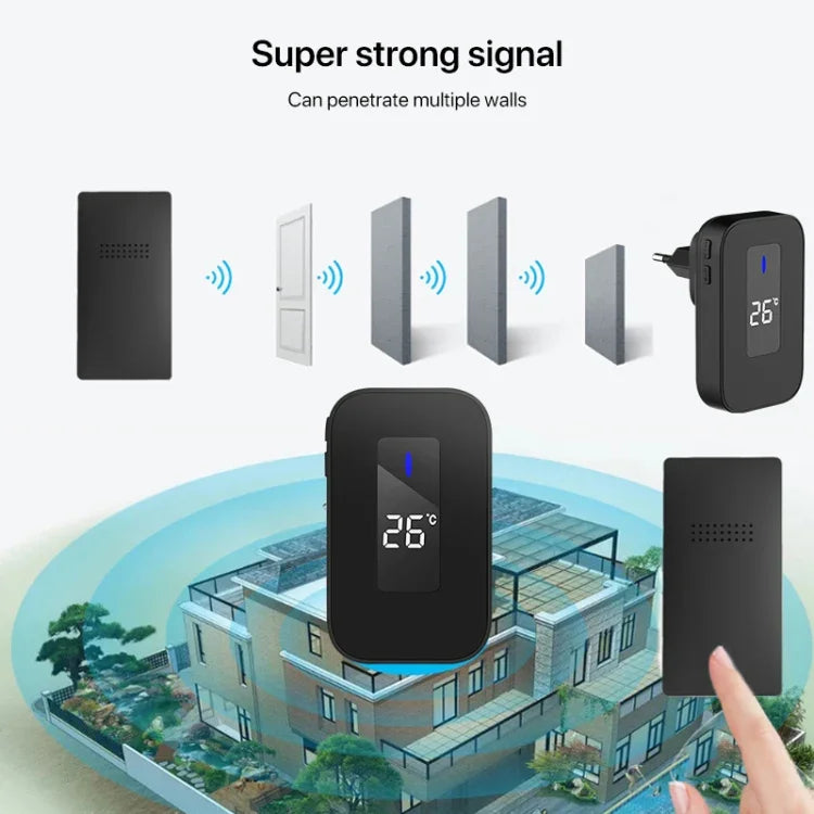 C303B Campainha Sem Fios Doméstica Um para Um Com Controlo Remoto e Ecrã Digital de Temperatura Pager para Idosos, Ficha EUA, Ficha UE, Ficha UK