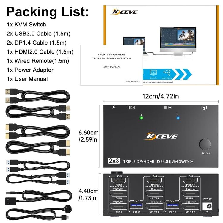 Comutador KVM KC-KVM203DH para três monitores 8K 30Hz USB3.0 DP+DP+HDMI, ficha EU, KC-KVM203DH