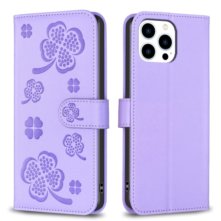 Capa de Telefone em Pele com Relevo de Quatro Folhas, Para iPhone 7 / 8 / SE 2022, Para iPhone 13 Pro Max, Para iPhone 13 Pro, Para iPhone 13, Para iPhone 12 / 12 Pro, Para iPhone 12 Pro Max, Para iPhone 11 Pro Max, Para iPhone 11