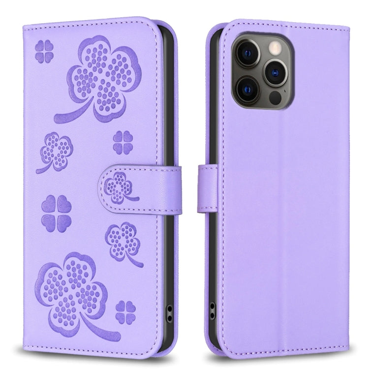 Capa de Telefone em Pele com Relevo de Quatro Folhas, Para iPhone 7 / 8 / SE 2022, Para iPhone 13 Pro Max, Para iPhone 13 Pro, Para iPhone 13, Para iPhone 12 / 12 Pro, Para iPhone 12 Pro Max, Para iPhone 11 Pro Max, Para iPhone 11