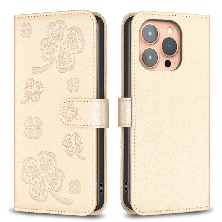 Capa de Telefone em Pele com Relevo de Quatro Folhas, Para iPhone 17 Pro Max, Para iPhone 17 Pro, Para iPhone 17, Para iPhone Air, Para iPhone 16 Pro Max, Para iPhone 16 Pro, Para iPhone 16 Plus, Para iPhone 16