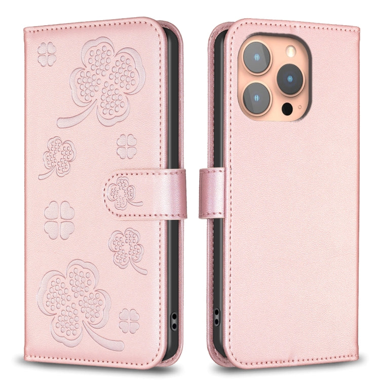 Capa de Telefone em Pele com Relevo de Quatro Folhas, Para iPhone 17 Pro Max, Para iPhone 17 Pro, Para iPhone 17, Para iPhone Air, Para iPhone 16 Pro Max, Para iPhone 16 Pro, Para iPhone 16 Plus, Para iPhone 16