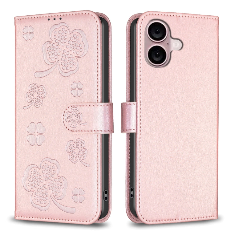Capa de Telefone em Pele com Relevo de Quatro Folhas, Para iPhone 17 Pro Max, Para iPhone 17 Pro, Para iPhone 17, Para iPhone Air, Para iPhone 16 Pro Max, Para iPhone 16 Pro, Para iPhone 16 Plus, Para iPhone 16