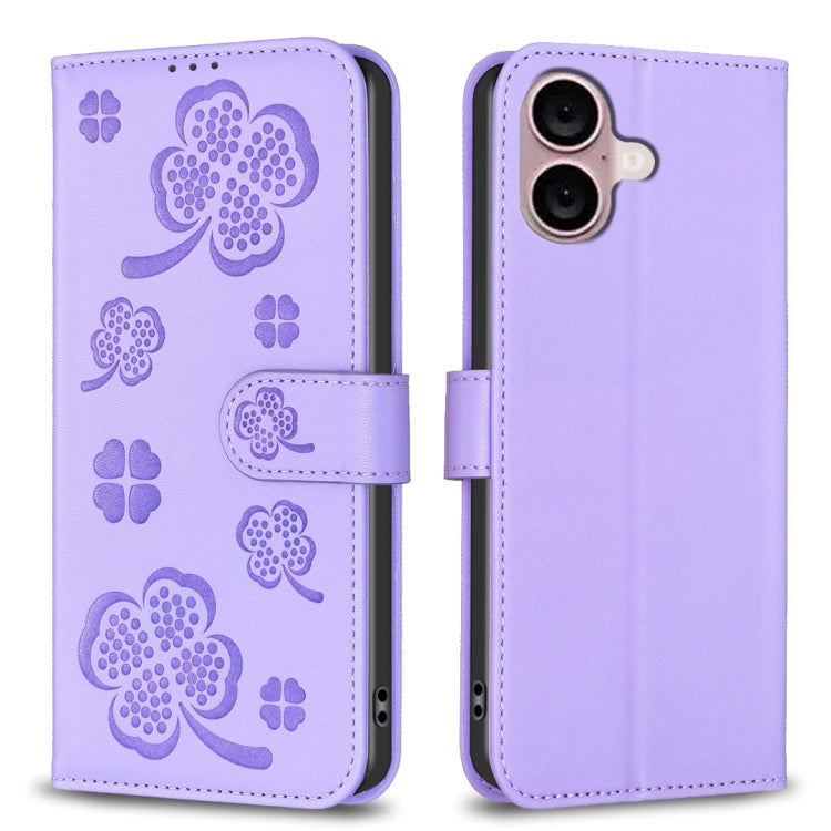 Capa de Telefone em Pele com Relevo de Quatro Folhas, Para iPhone 17 Pro Max, Para iPhone 17 Pro, Para iPhone 17, Para iPhone Air, Para iPhone 16 Pro Max, Para iPhone 16 Pro, Para iPhone 16 Plus, Para iPhone 16