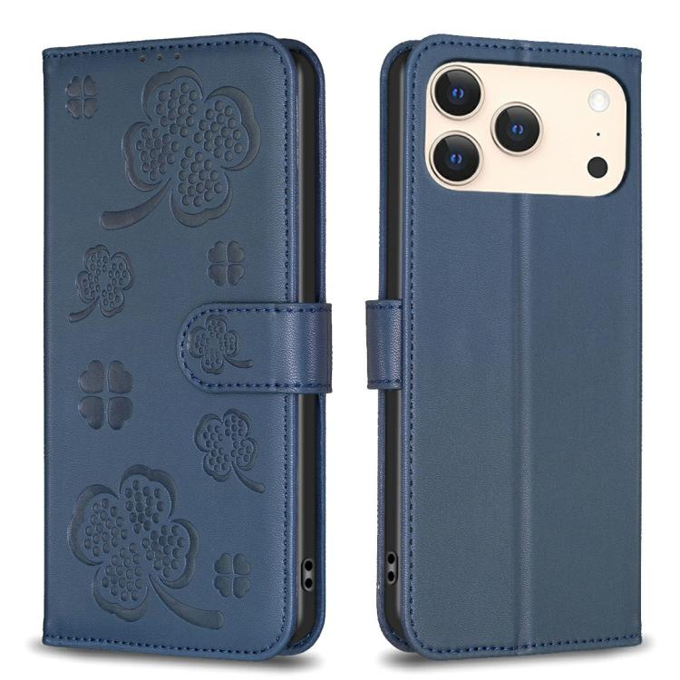 Capa de Telefone em Pele com Relevo de Quatro Folhas, Para iPhone 17 Pro Max, Para iPhone 17 Pro, Para iPhone 17, Para iPhone Air, Para iPhone 16 Pro Max, Para iPhone 16 Pro, Para iPhone 16 Plus, Para iPhone 16