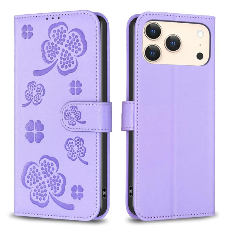 Capa de Telefone em Pele com Relevo de Quatro Folhas, Para iPhone 17 Pro Max, Para iPhone 17 Pro, Para iPhone 17, Para iPhone Air, Para iPhone 16 Pro Max, Para iPhone 16 Pro, Para iPhone 16 Plus, Para iPhone 16