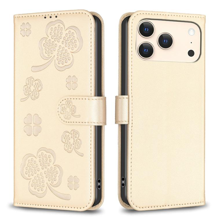 Capa de Telefone em Pele com Relevo de Quatro Folhas, Para iPhone 17 Pro Max, Para iPhone 17 Pro, Para iPhone 17, Para iPhone Air, Para iPhone 16 Pro Max, Para iPhone 16 Pro, Para iPhone 16 Plus, Para iPhone 16