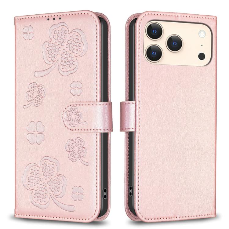 Capa de Telefone em Pele com Relevo de Quatro Folhas, Para iPhone 17 Pro Max, Para iPhone 17 Pro, Para iPhone 17, Para iPhone Air, Para iPhone 16 Pro Max, Para iPhone 16 Pro, Para iPhone 16 Plus, Para iPhone 16