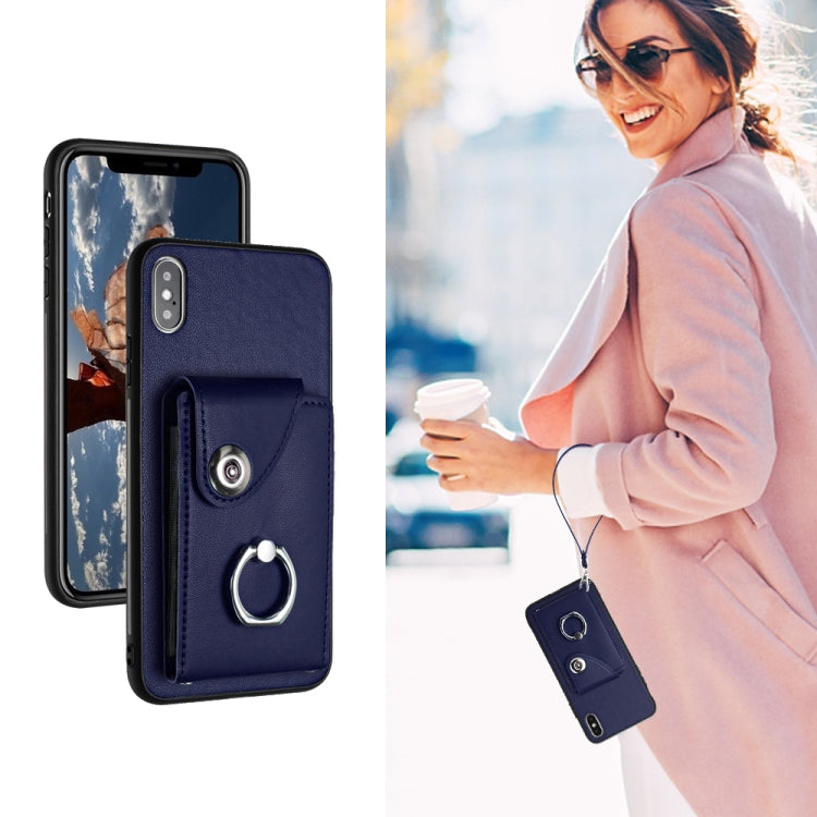 Capa de Telefone PU com Porta-Cartões em Forma de Órgão e Anel Suporte com Cordão, Para iPhone XS / X, Para iPhone XR, Para iPhone XS Max, Para iPhone 8 Plus / 7 Plus