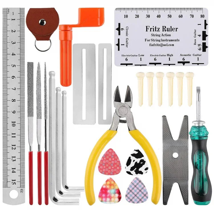 Conjunto de Ferramentas para Reparação de Guitarra, Lima, Chave, Cortador e Enrolador de Cordas, Polimento de Trastes, Kit de Reparação de Guitarra
