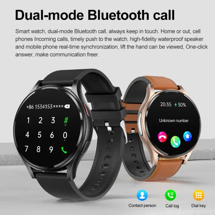 Smartwatch com Ecrã de 1,43 polegadas, Pulseira de Couro, Chamada Bluetooth, Suporte a ECG / Açúcar no Sangue Não Invasivo, Pulseira de Couro Preta, Pulseira de Couro Castanha