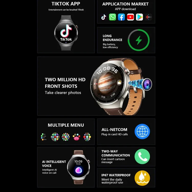 Smartwatch com Câmara Frontal de 1,53 polegadas, Suporte a Voz AI / Cartão SIM, 2GB+32GB
