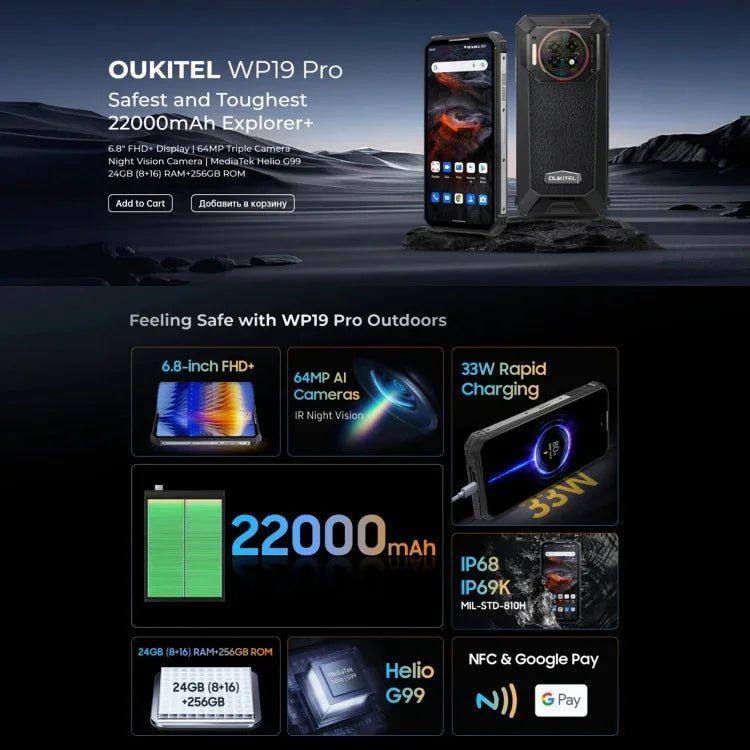 Oukitel WP19 Pro, 6,8 polegadas MediaTek Helio G99 Octa-core, NFC, Rede: 4G, WP19 Pro 8GB+256GB