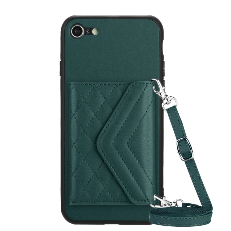 Capa de telemóvel com bolsa para cartões de textura rombica RFID com cordão longo, para iPhone SE 2022 / SE 2020, para iPhone 13 Pro Max, para iPhone 13 Pro, para iPhone 13, para iPhone 13 mini, para iPhone 12, para iPhone 12 Pro Max, para iPhone 12 Pro