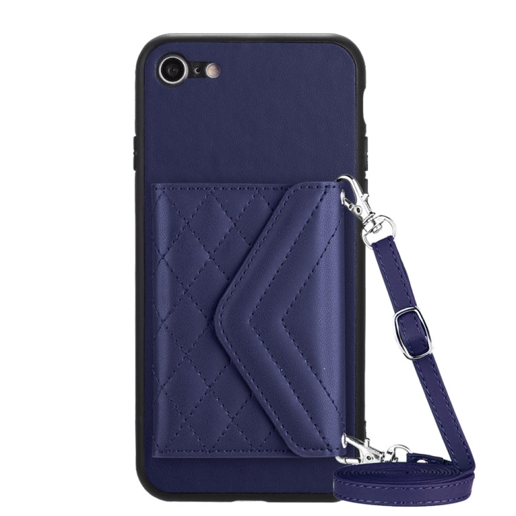 Capa de telemóvel com bolsa para cartões de textura rombica RFID com cordão longo, para iPhone SE 2022 / SE 2020, para iPhone 13 Pro Max, para iPhone 13 Pro, para iPhone 13, para iPhone 13 mini, para iPhone 12, para iPhone 12 Pro Max, para iPhone 12 Pro