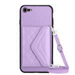 Capa de telemóvel com bolsa para cartões de textura rombica RFID com cordão longo, para iPhone SE 2022 / SE 2020, para iPhone 13 Pro Max, para iPhone 13 Pro, para iPhone 13, para iPhone 13 mini, para iPhone 12, para iPhone 12 Pro Max, para iPhone 12 Pro