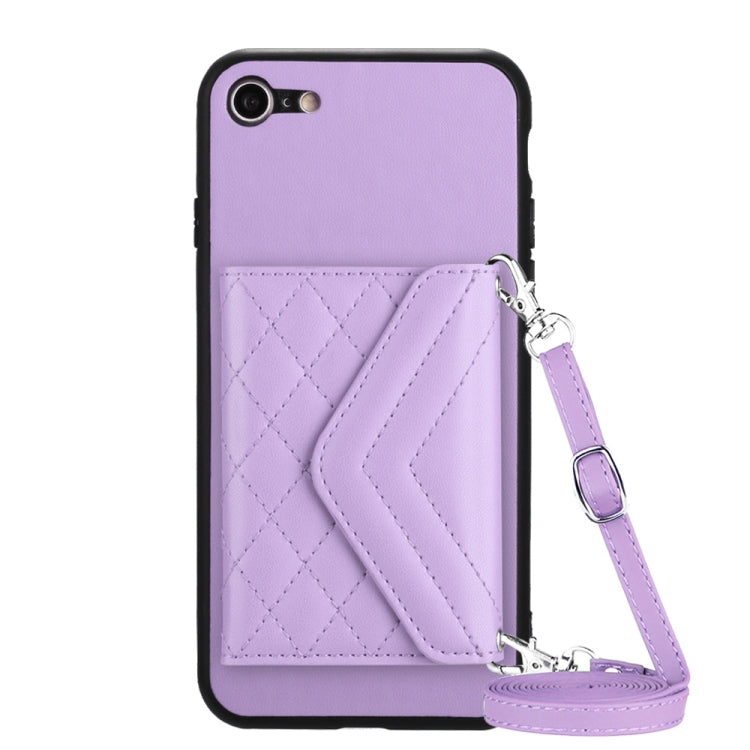 Capa de telemóvel com bolsa para cartões de textura rombica RFID com cordão longo, para iPhone SE 2022 / SE 2020, para iPhone 13 Pro Max, para iPhone 13 Pro, para iPhone 13, para iPhone 13 mini, para iPhone 12, para iPhone 12 Pro Max, para iPhone 12 Pro
