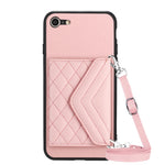Capa de telemóvel com bolsa para cartões de textura rombica RFID com cordão longo, para iPhone SE 2022 / SE 2020, para iPhone 13 Pro Max, para iPhone 13 Pro, para iPhone 13, para iPhone 13 mini, para iPhone 12, para iPhone 12 Pro Max, para iPhone 12 Pro