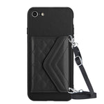 Capa de telemóvel com bolsa para cartões de textura rombica RFID com cordão longo, para iPhone SE 2022 / SE 2020, para iPhone 13 Pro Max, para iPhone 13 Pro, para iPhone 13, para iPhone 13 mini, para iPhone 12, para iPhone 12 Pro Max, para iPhone 12 Pro