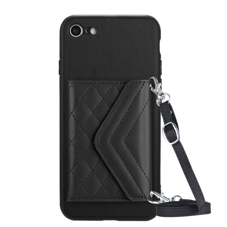 Capa de telemóvel com bolsa para cartões de textura rombica RFID com cordão longo, para iPhone SE 2022 / SE 2020, para iPhone 13 Pro Max, para iPhone 13 Pro, para iPhone 13, para iPhone 13 mini, para iPhone 12, para iPhone 12 Pro Max, para iPhone 12 Pro