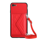 Capa de telemóvel com bolsa para cartões de textura rombica RFID com cordão longo, para iPhone SE 2022 / SE 2020, para iPhone 13 Pro Max, para iPhone 13 Pro, para iPhone 13, para iPhone 13 mini, para iPhone 12, para iPhone 12 Pro Max, para iPhone 12 Pro