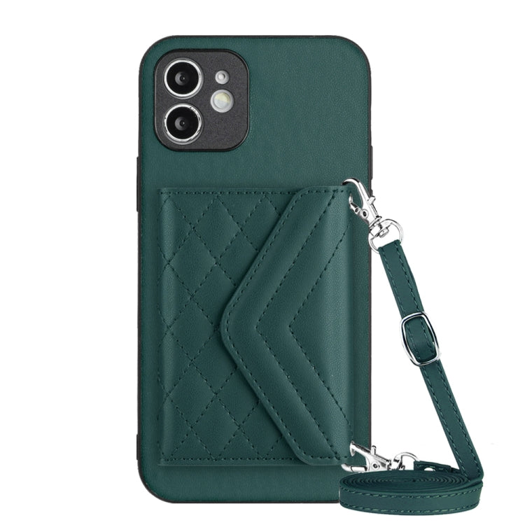 Capa de telemóvel com bolsa para cartões de textura rombica RFID com cordão longo, para iPhone 12 mini, para iPhone 11 Pro Max, para iPhone 11, para iPhone 11 Pro, para iPhone XS / X, para iPhone XR, para iPhone XS Max, para iPhone 8 Plus / 7 Plus