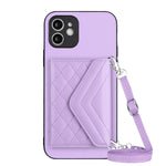 Capa de telemóvel com bolsa para cartões de textura rombica RFID com cordão longo, para iPhone 12 mini, para iPhone 11 Pro Max, para iPhone 11, para iPhone 11 Pro, para iPhone XS / X, para iPhone XR, para iPhone XS Max, para iPhone 8 Plus / 7 Plus