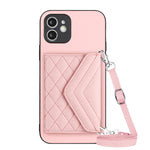 Capa de telemóvel com bolsa para cartões de textura rombica RFID com cordão longo, para iPhone 12 mini, para iPhone 11 Pro Max, para iPhone 11, para iPhone 11 Pro, para iPhone XS / X, para iPhone XR, para iPhone XS Max, para iPhone 8 Plus / 7 Plus