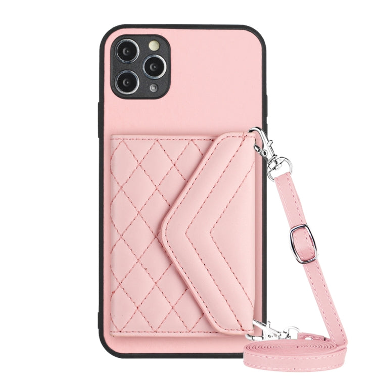 Capa de telemóvel com bolsa para cartões de textura rombica RFID com cordão longo, para iPhone 12 mini, para iPhone 11 Pro Max, para iPhone 11, para iPhone 11 Pro, para iPhone XS / X, para iPhone XR, para iPhone XS Max, para iPhone 8 Plus / 7 Plus