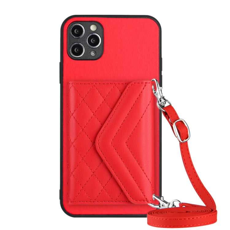 Capa de telemóvel com bolsa para cartões de textura rombica RFID com cordão longo, para iPhone 12 mini, para iPhone 11 Pro Max, para iPhone 11, para iPhone 11 Pro, para iPhone XS / X, para iPhone XR, para iPhone XS Max, para iPhone 8 Plus / 7 Plus