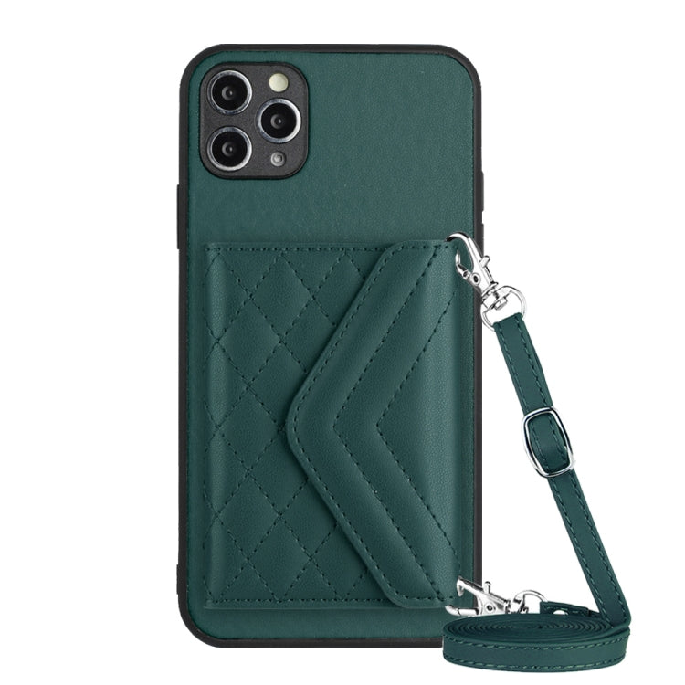 Capa de telemóvel com bolsa para cartões de textura rombica RFID com cordão longo, para iPhone 12 mini, para iPhone 11 Pro Max, para iPhone 11, para iPhone 11 Pro, para iPhone XS / X, para iPhone XR, para iPhone XS Max, para iPhone 8 Plus / 7 Plus