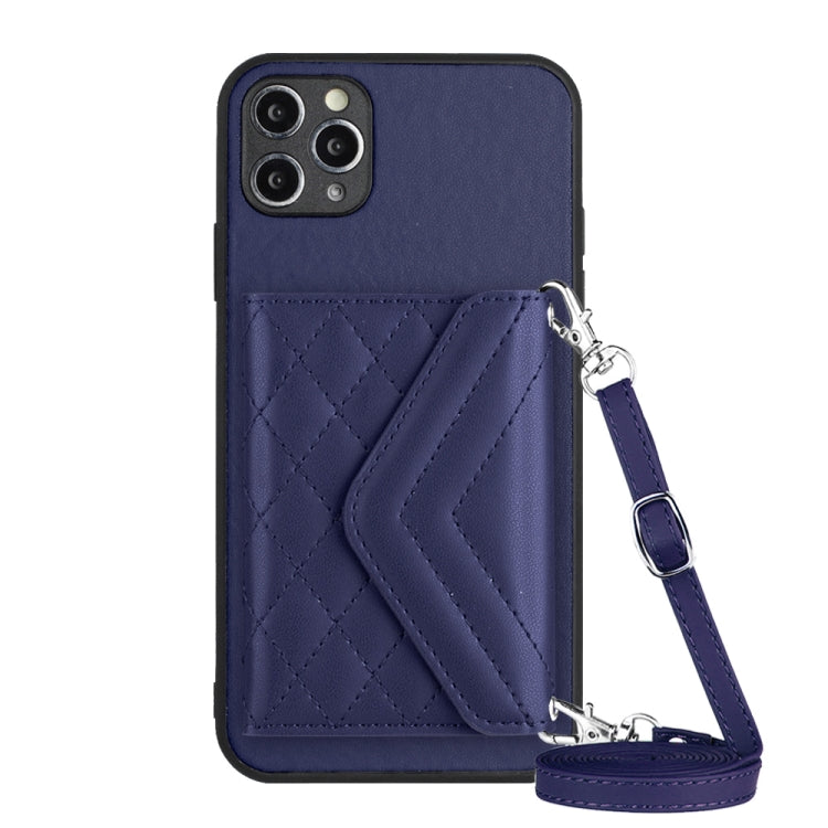 Capa de telemóvel com bolsa para cartões de textura rombica RFID com cordão longo, para iPhone 12 mini, para iPhone 11 Pro Max, para iPhone 11, para iPhone 11 Pro, para iPhone XS / X, para iPhone XR, para iPhone XS Max, para iPhone 8 Plus / 7 Plus