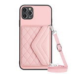 Capa de telemóvel com bolsa para cartões de textura rombica RFID com cordão longo, para iPhone 12 mini, para iPhone 11 Pro Max, para iPhone 11, para iPhone 11 Pro, para iPhone XS / X, para iPhone XR, para iPhone XS Max, para iPhone 8 Plus / 7 Plus