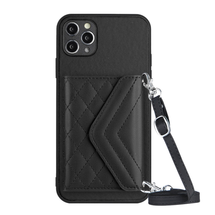Capa de telemóvel com bolsa para cartões de textura rombica RFID com cordão longo, para iPhone 12 mini, para iPhone 11 Pro Max, para iPhone 11, para iPhone 11 Pro, para iPhone XS / X, para iPhone XR, para iPhone XS Max, para iPhone 8 Plus / 7 Plus