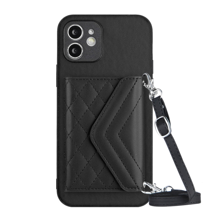 Capa de telemóvel com bolsa para cartões de textura rombica RFID com cordão longo, para iPhone SE 2022 / SE 2020, para iPhone 13 Pro Max, para iPhone 13 Pro, para iPhone 13, para iPhone 13 mini, para iPhone 12, para iPhone 12 Pro Max, para iPhone 12 Pro