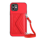 Capa de telemóvel com bolsa para cartões de textura rombica RFID com cordão longo, para iPhone SE 2022 / SE 2020, para iPhone 13 Pro Max, para iPhone 13 Pro, para iPhone 13, para iPhone 13 mini, para iPhone 12, para iPhone 12 Pro Max, para iPhone 12 Pro
