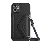 Capa de telemóvel com bolsa para cartões de textura rombica RFID com cordão longo, para iPhone 12 mini, para iPhone 11 Pro Max, para iPhone 11, para iPhone 11 Pro, para iPhone XS / X, para iPhone XR, para iPhone XS Max, para iPhone 8 Plus / 7 Plus