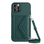 Capa de telemóvel com bolsa para cartões de textura rombica RFID com cordão longo, para iPhone SE 2022 / SE 2020, para iPhone 13 Pro Max, para iPhone 13 Pro, para iPhone 13, para iPhone 13 mini, para iPhone 12, para iPhone 12 Pro Max, para iPhone 12 Pro