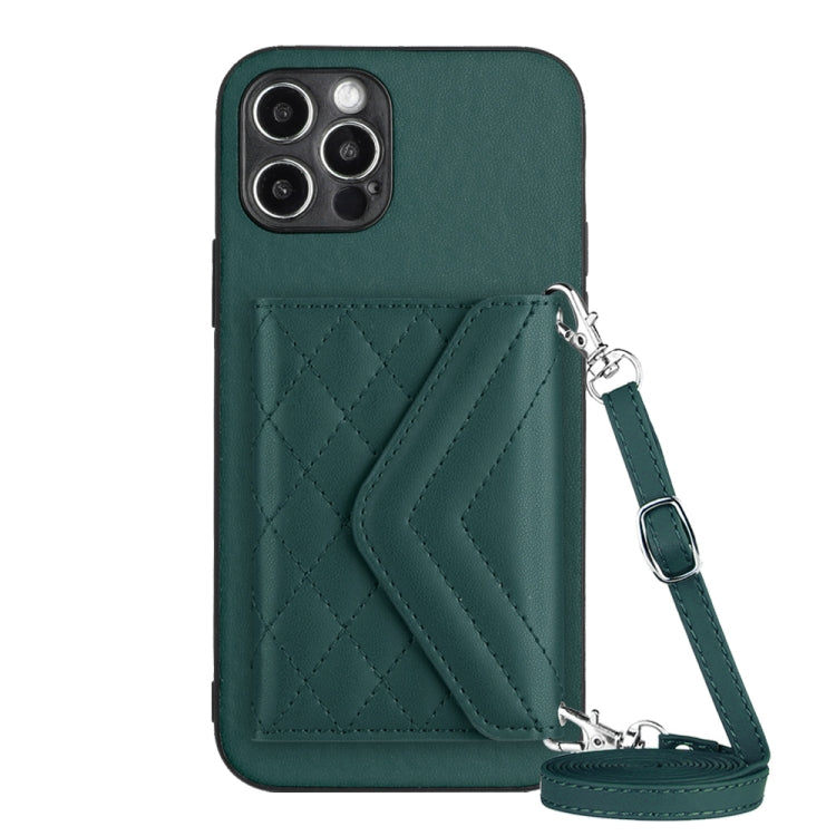 Capa de telemóvel com bolsa para cartões de textura rombica RFID com cordão longo, para iPhone SE 2022 / SE 2020, para iPhone 13 Pro Max, para iPhone 13 Pro, para iPhone 13, para iPhone 13 mini, para iPhone 12, para iPhone 12 Pro Max, para iPhone 12 Pro