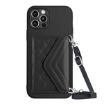 Capa de telemóvel com bolsa para cartões de textura rombica RFID com cordão longo, para iPhone SE 2022 / SE 2020, para iPhone 13 Pro Max, para iPhone 13 Pro, para iPhone 13, para iPhone 13 mini, para iPhone 12, para iPhone 12 Pro Max, para iPhone 12 Pro