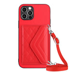 Capa de telemóvel com bolsa para cartões de textura rombica RFID com cordão longo, para iPhone SE 2022 / SE 2020, para iPhone 13 Pro Max, para iPhone 13 Pro, para iPhone 13, para iPhone 13 mini, para iPhone 12, para iPhone 12 Pro Max, para iPhone 12 Pro