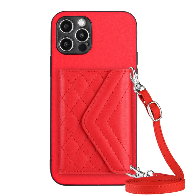 Capa de telemóvel com bolsa para cartões de textura rombica RFID com cordão longo, para iPhone SE 2022 / SE 2020, para iPhone 13 Pro Max, para iPhone 13 Pro, para iPhone 13, para iPhone 13 mini, para iPhone 12, para iPhone 12 Pro Max, para iPhone 12 Pro
