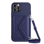Capa de telemóvel com bolsa para cartões de textura rombica RFID com cordão longo, para iPhone SE 2022 / SE 2020, para iPhone 13 Pro Max, para iPhone 13 Pro, para iPhone 13, para iPhone 13 mini, para iPhone 12, para iPhone 12 Pro Max, para iPhone 12 Pro